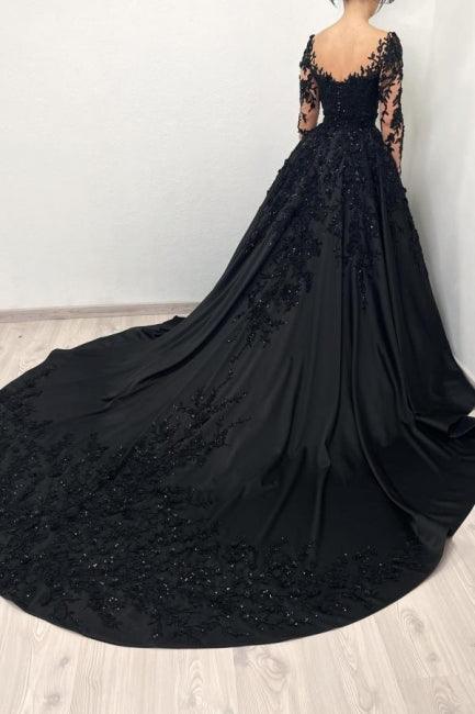 Schwarzes Abendkleid im Ballkleid-Stil mit langen Ärmeln und Herzausschnitt im Prinzessinnen-Stil