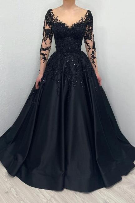 Schwarzes Abendkleid im Ballkleid-Stil mit langen Ärmeln und Herzausschnitt im Prinzessinnen-Stil