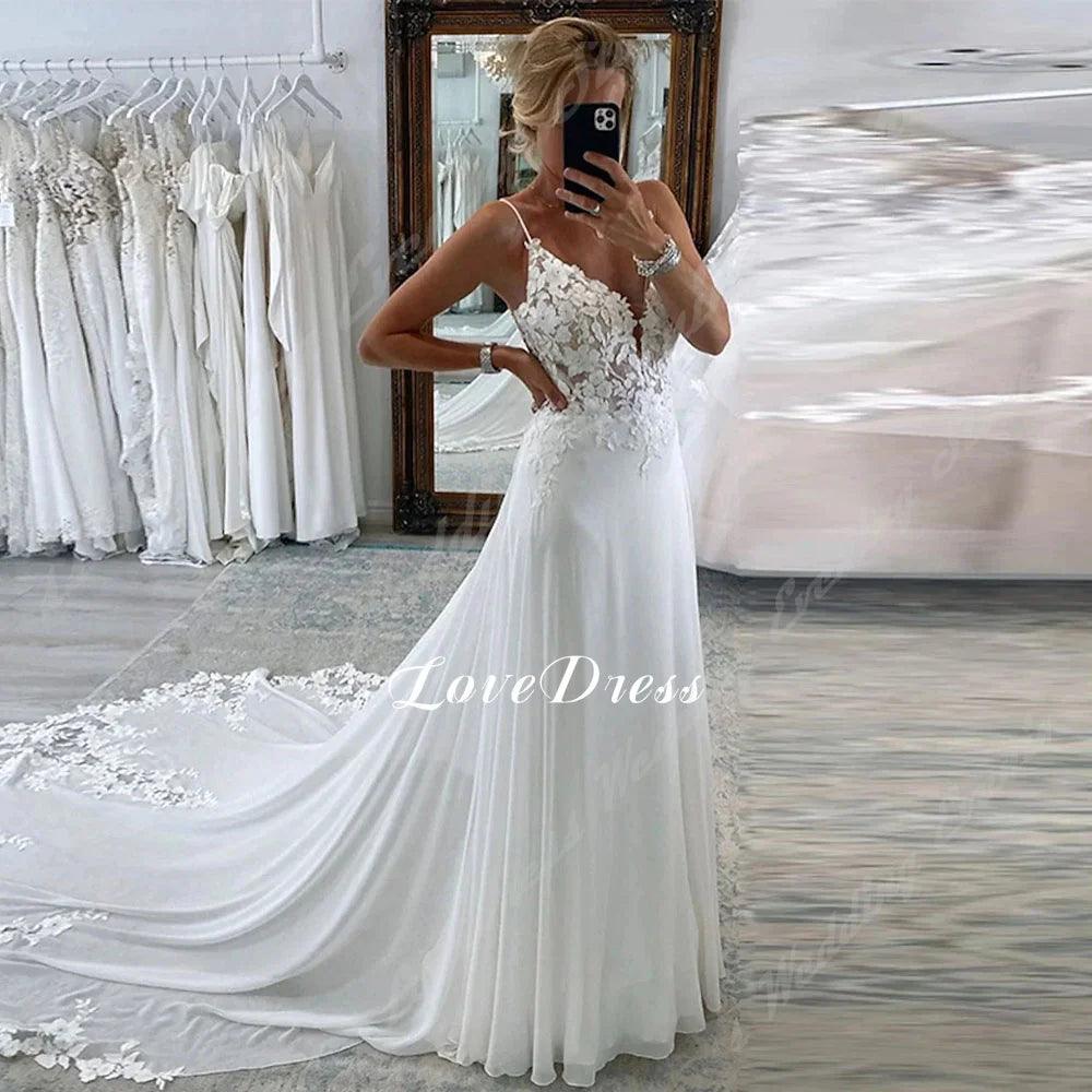 LoveDress Elegant Deep V Neck Wedding Dresses Lace Appliques Backless A-Line Wedding Gown Sleeveless Tulle Vestido De Noiva