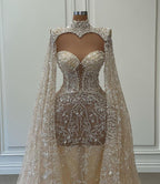 Vestido de fiesta lujoso de sirena largo con cuello alto, encaje brillante y mangas