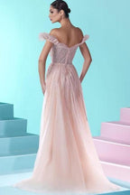 Luxuriöses, schulterfreies, langes Meerjungfrau-Ballkleid aus Spitze mit Glitzer in Rosa