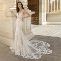 Vestido de novia de sirena de lujo con apliques de encaje, escote en V, tirantes finos, espalda descubierta, cola larga, 2024 
