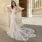 Vestido de novia de sirena de lujo con apliques de encaje, escote en V, tirantes finos, espalda descubierta, cola larga, 2024 