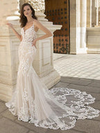 Vestido de novia de sirena de lujo con apliques de encaje, escote en V, tirantes finos, espalda descubierta, cola larga, 2024 