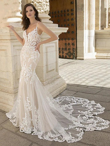 Luxury Mermaid Wedding Dress Lace Appliques V-neck Spaghetti Straps Vestido De Novia 2024 Backless Bridal Gown Sweep Train