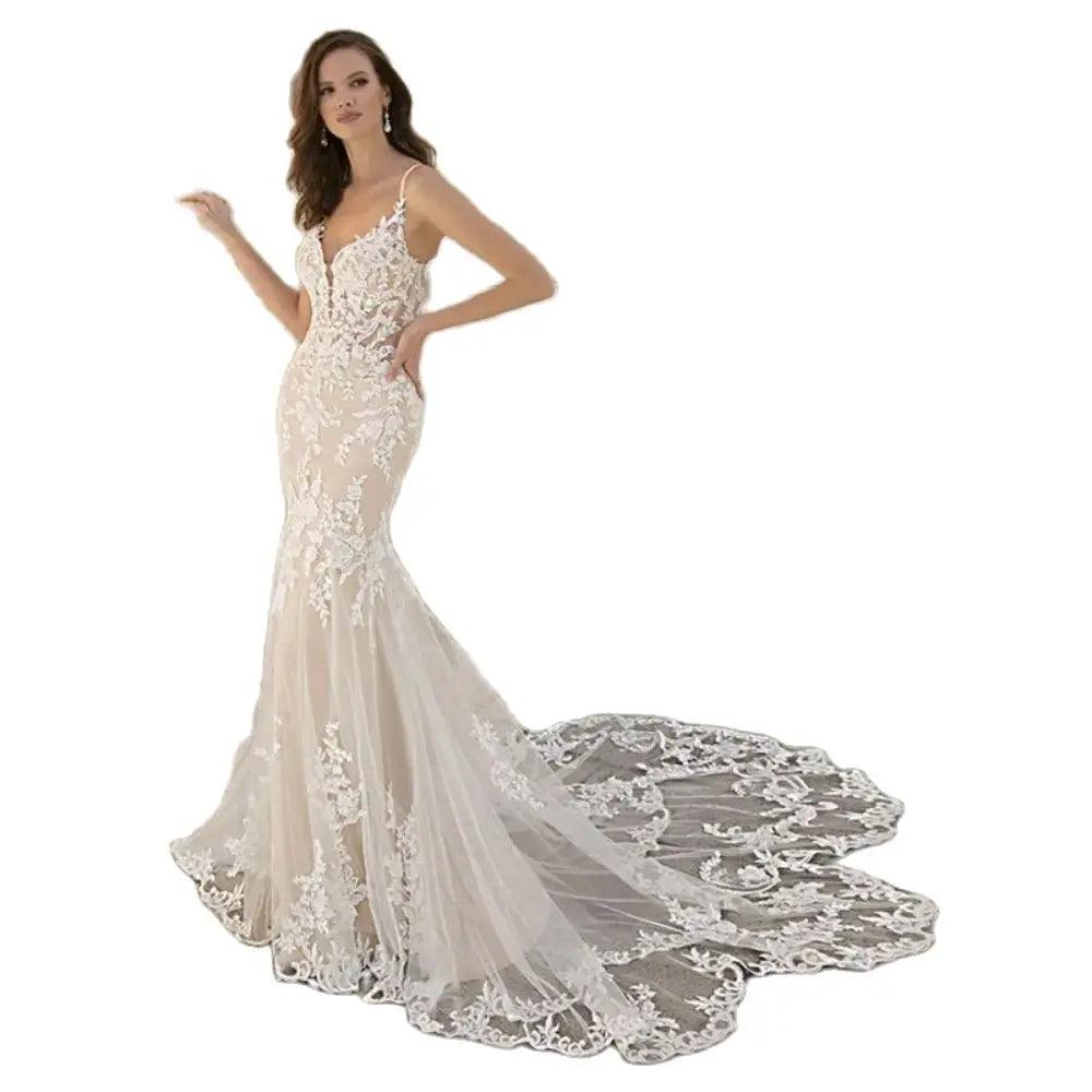 Vestido de novia de sirena de lujo con apliques de encaje, escote en V, tirantes finos, espalda descubierta, cola larga, 2024 