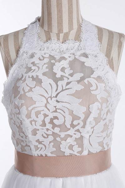 Vestido de novia NumberSea sencillo de tul con encaje joya, sin mangas y largo hasta el suelo, MW213 