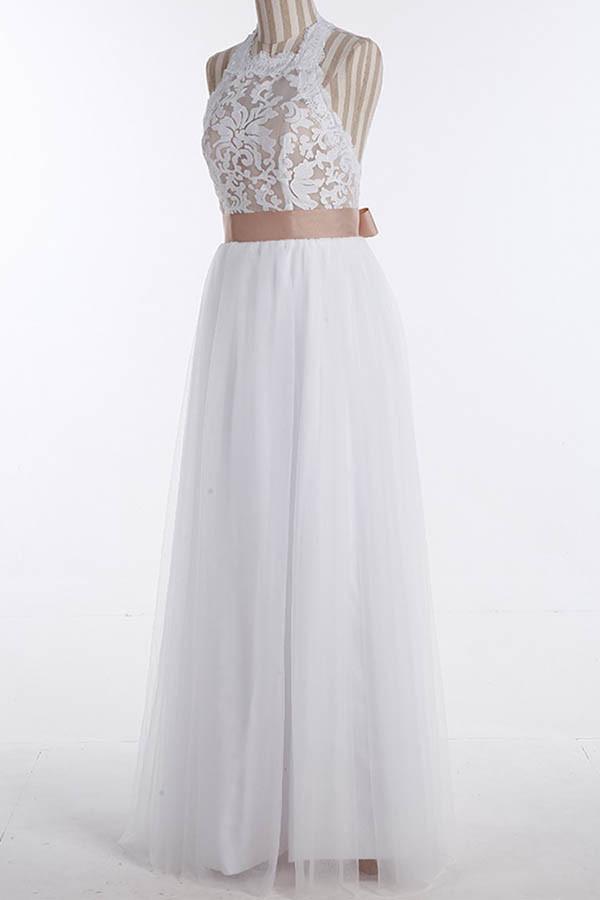 Vestido de novia NumberSea sencillo de tul con encaje joya, sin mangas y largo hasta el suelo, MW213 