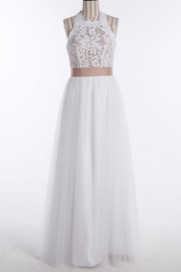 Vestido de novia NumberSea sencillo de tul con encaje joya, sin mangas y largo hasta el suelo, MW213 