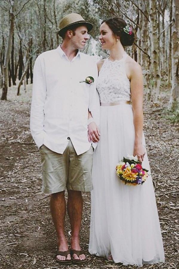 Vestido de novia NumberSea sencillo de tul con encaje joya, sin mangas y largo hasta el suelo, MW213 