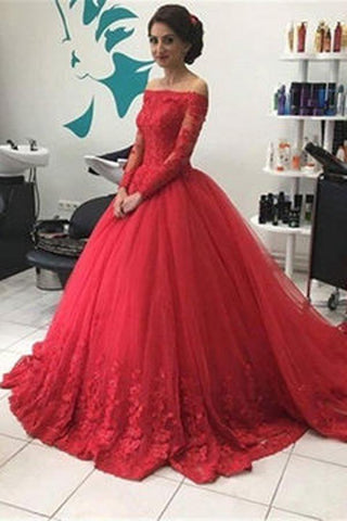 NumberSea NumberSea Red Off Shoulder Lace Tulle Long Sleeves Prom Dress Ball Gown Wedding Dresses, MP351