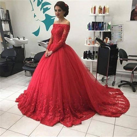 NumberSea NumberSea Red Off Shoulder Lace Tulle Long Sleeves Prom Dress Ball Gown Wedding Dresses, MP351