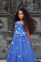 Vestido de princesa para niña de las flores con apliques y lazo azul real 