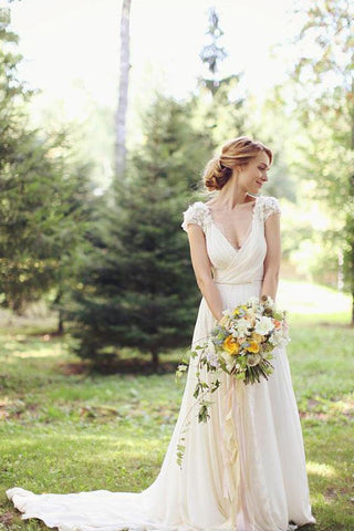NumberSea Sheer Back Deep V Neck Short Sleeve Wedding Dresses With Appliques, MW133