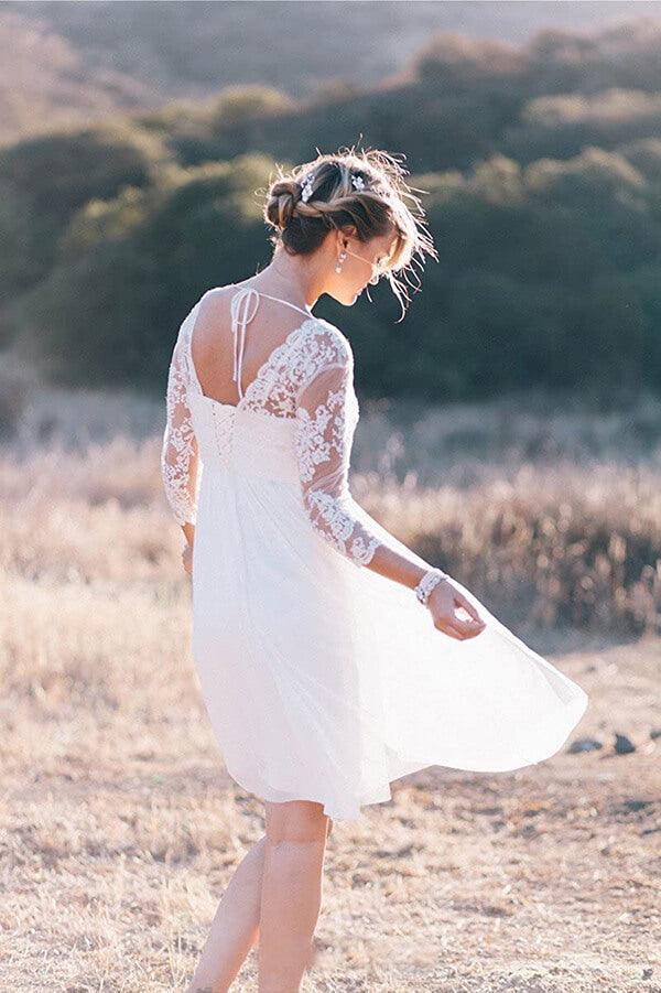 NumberSea White A Line Vintage Knee Length 3/4 Sleeve Lace Wedding Dresses, MW248