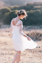 NumberSea White A Line Vintage Knee Length 3/4 Sleeve Lace Wedding Dresses, MW248