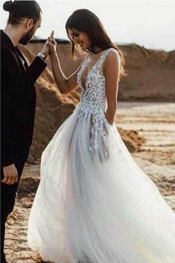 Vestido de novia de playa NumberSea, sexy, de tul transparente, corte A, escote en V y abertura, MW261