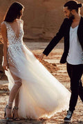 Vestido de novia de playa NumberSea, sexy, de tul transparente, corte A, escote en V y abertura, MW261