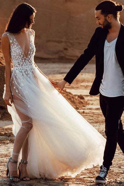 Vestido de novia de playa NumberSea, sexy, de tul transparente, corte A, escote en V y abertura, MW261