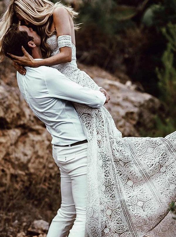 Vestido de novia bohemio rústico color marfil con escote corazón y encaje de NumberSea, MW267