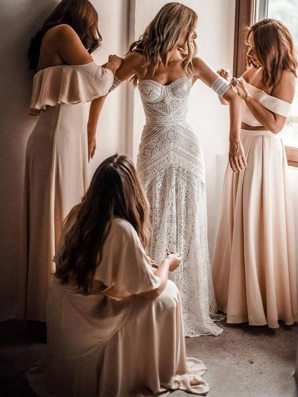 Vestido de novia bohemio rústico color marfil con escote corazón y encaje de NumberSea, MW267
