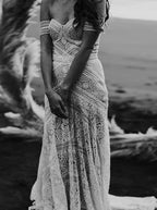 Vestido de novia bohemio rústico color marfil con escote corazón y encaje de NumberSea, MW267