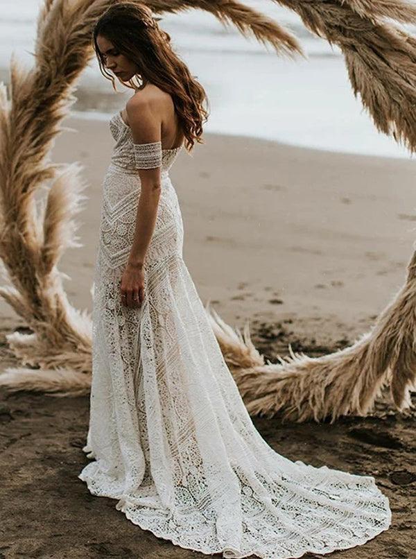 Vestido de novia bohemio rústico color marfil con escote corazón y encaje de NumberSea, MW267