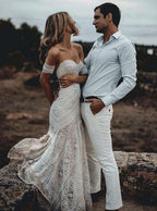 Vestido de novia bohemio rústico color marfil con escote corazón y encaje de NumberSea, MW267