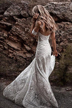 Vestido de novia bohemio rústico color marfil con escote corazón y encaje de NumberSea, MW267