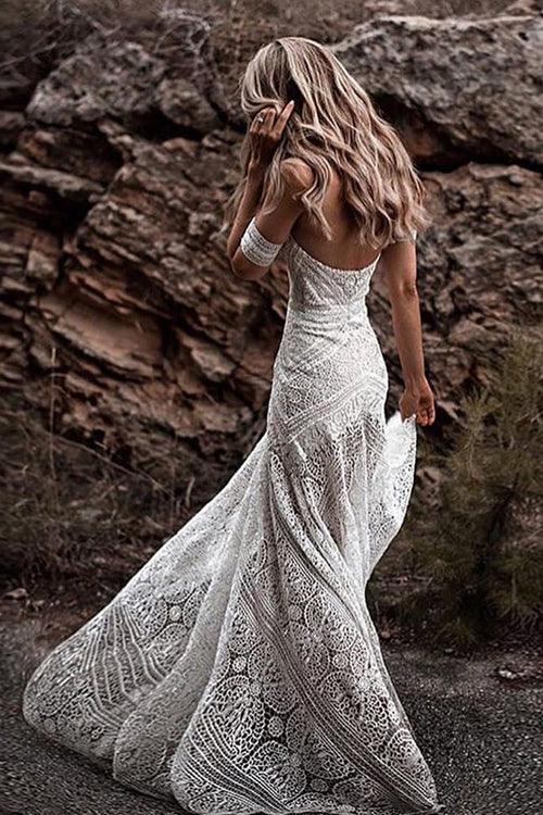 Vestido de novia bohemio rústico color marfil con escote corazón y encaje de NumberSea, MW267