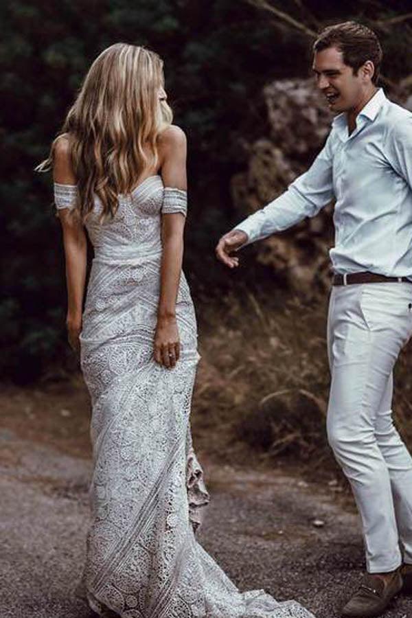 Vestido de novia bohemio rústico color marfil con escote corazón y encaje de NumberSea, MW267