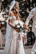 Vestido de novia bohemio rústico color marfil con escote corazón y encaje de NumberSea, MW267