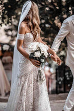 Vestido de novia bohemio rústico color marfil con escote corazón y encaje de NumberSea, MW267