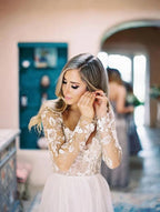 Vestido de novia bohemio de manga larga con encaje floral y cuentas transparentes de NumberSea, MW269