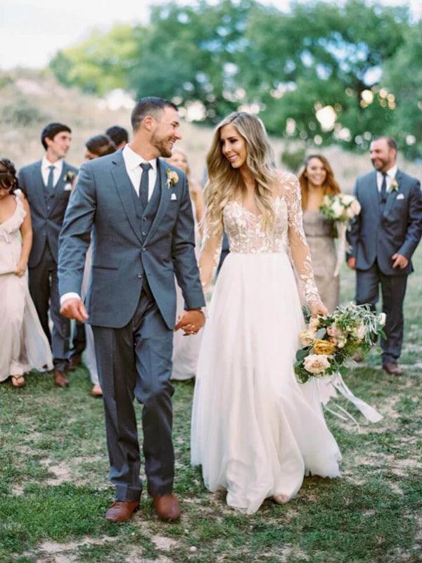 Vestido de novia bohemio de manga larga con encaje floral y cuentas transparentes de NumberSea, MW269