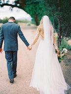 Vestido de novia bohemio de manga larga con encaje floral y cuentas transparentes de NumberSea, MW269