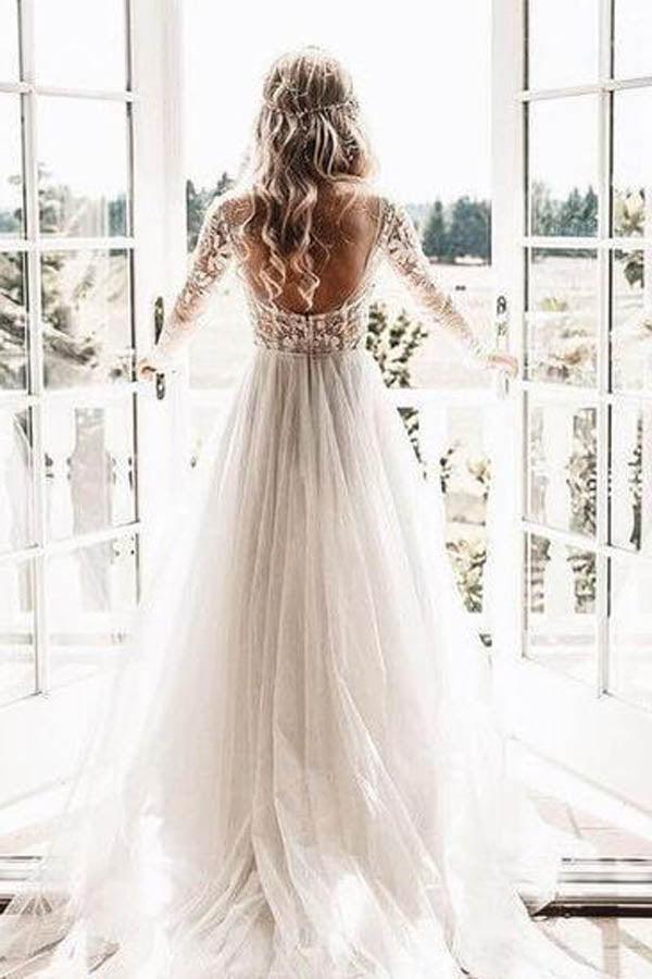Vestido de novia bohemio de manga larga con encaje floral y cuentas transparentes de NumberSea, MW269