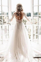 Vestido de novia bohemio de manga larga con encaje floral y cuentas transparentes de NumberSea, MW269