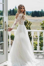 Vestido de novia bohemio de manga larga con encaje floral y cuentas transparentes de NumberSea, MW269