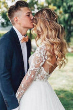 Vestido de novia bohemio de manga larga con encaje floral y cuentas transparentes de NumberSea, MW269