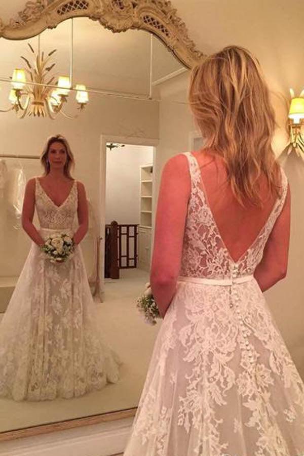 NumberSea Schlichtes Brautkleid, rückenfreies V-Ausschnitt-Spitzen-Brautkleid, MW275