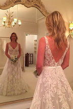 NumberSea Schlichtes Brautkleid, rückenfreies V-Ausschnitt-Spitzen-Brautkleid, MW275