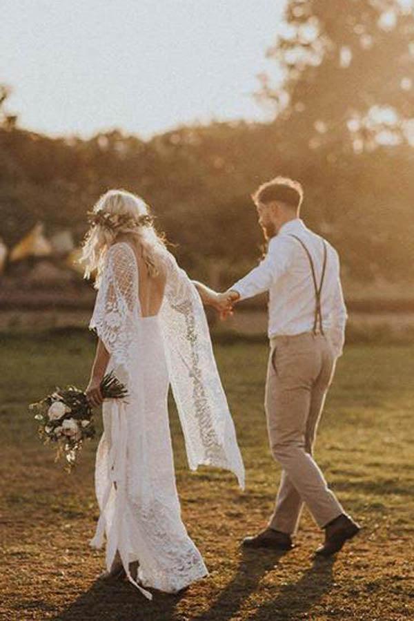 NumberSea Etui-Brautkleid im Boho-Stil mit Fledermausärmeln und Spitze, rustikales Elfenbein, MW276