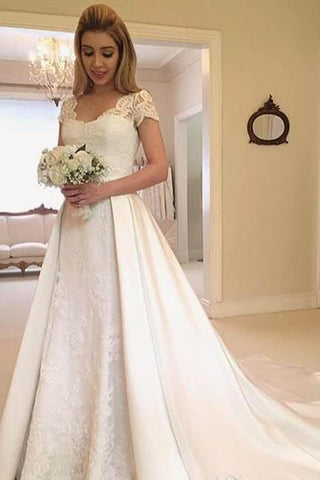 Vestido de novia sencillo con mangas cortas y encaje, MW277