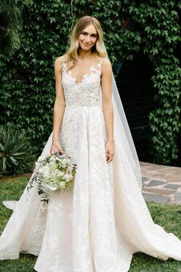 See Through Vintage Lace Illusion Neck Wedding Gowns