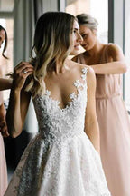 See Through Vintage Lace Illusion Neck Wedding Gowns