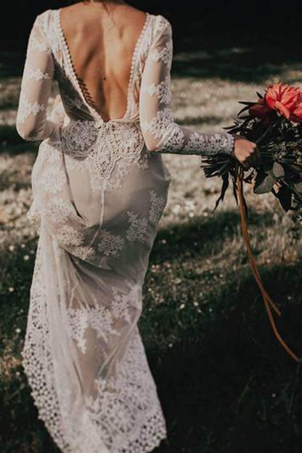 Vestido de novia estilo campestre NumberSea, con escote en V, encaje, manga larga, apliques marfil, MW280