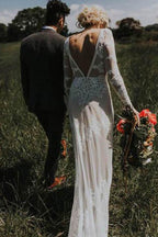 Vestido de novia estilo campestre NumberSea, con escote en V, encaje, manga larga, apliques marfil, MW280
