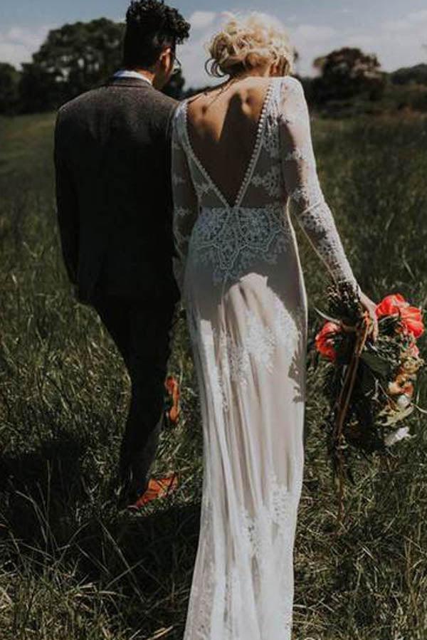 Vestido de novia estilo campestre NumberSea, con escote en V, encaje, manga larga, apliques marfil, MW280