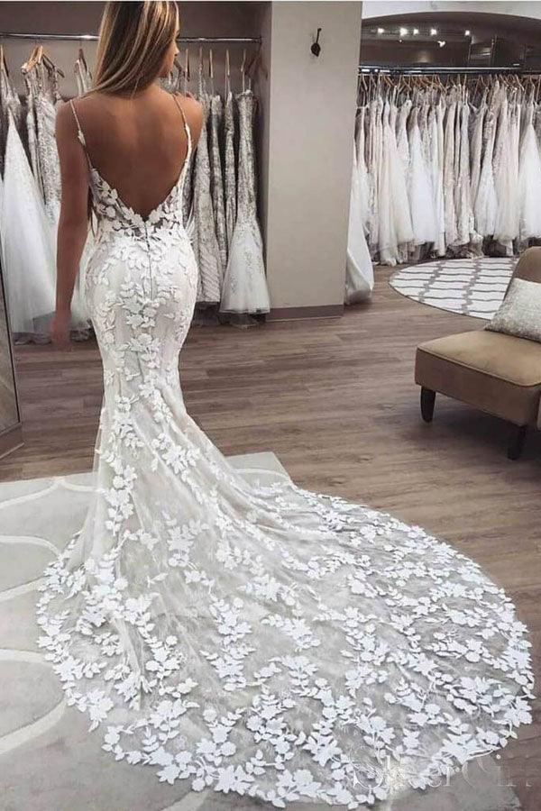 NumberSea Spaghettiträger Vintage Meerjungfrau Spitzenapplikationen Brautkleid, MW288